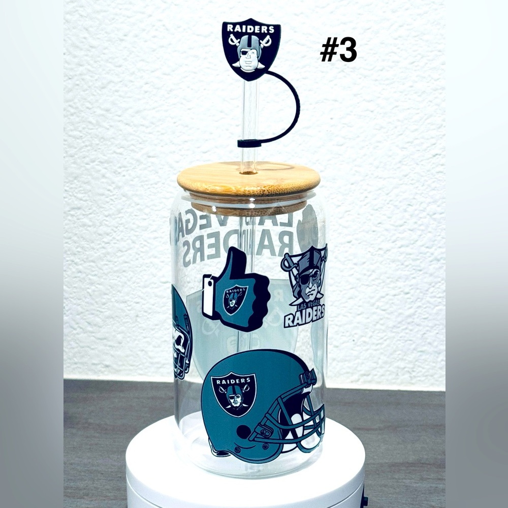 Raiders Themed Glass Tumbler with Straw